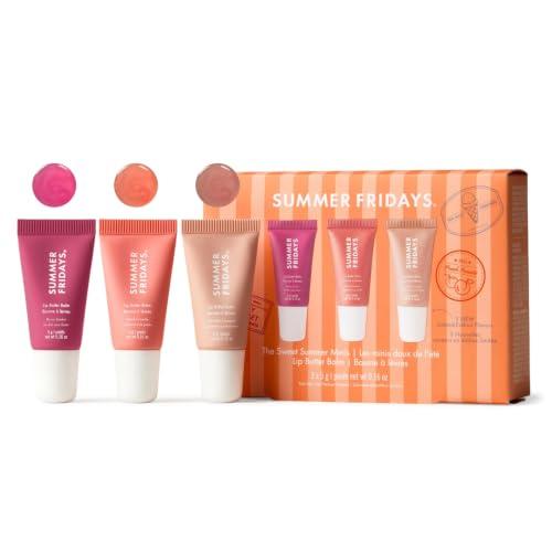 Three small lip balm tubes from Summer Fridays arranged together, part of the Sweet Summer Minis limited-edition trio set