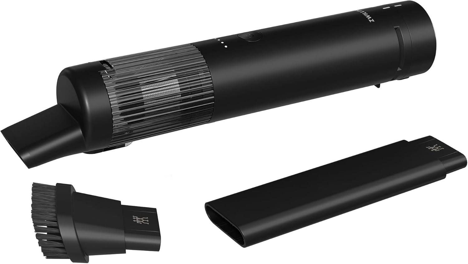 ZWILLING Xtend cordless hand-held vacuum cleaner with a sleek white and silver body, shown alongside its lithium-ion battery unit against a neutral background.