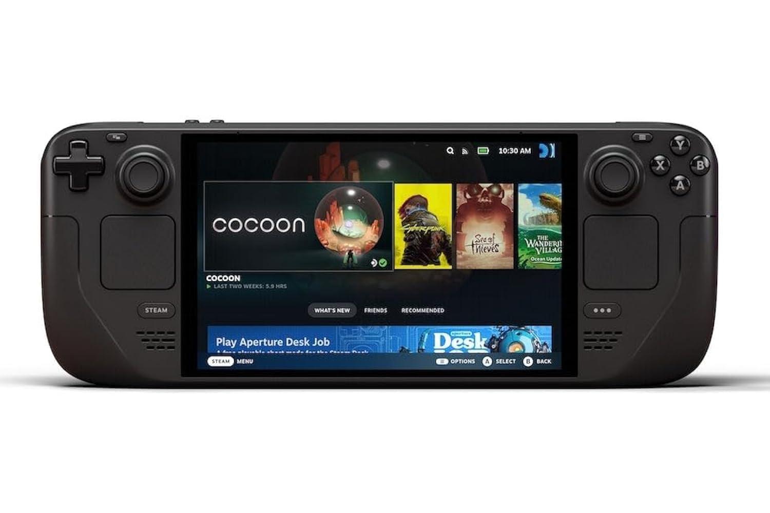 Valve Steam Deck OLED handheld gaming console shown from the front, displaying its 7.4-inch screen with thumb sticks, trackpads, and grip buttons visible on either side