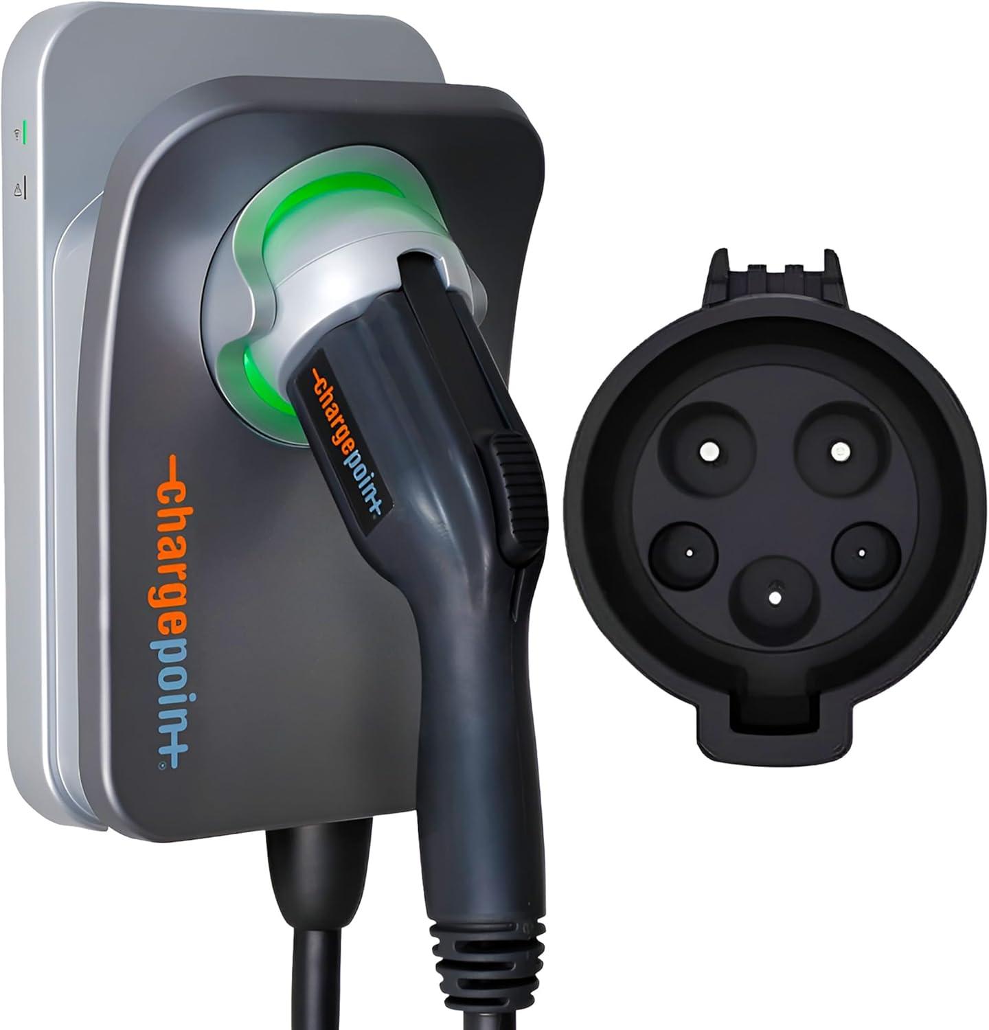 White ChargePoint HomeFlex Level 2 EV charger unit mounted on a wall, with a coiled charging cable and J1772 connector hanging from it