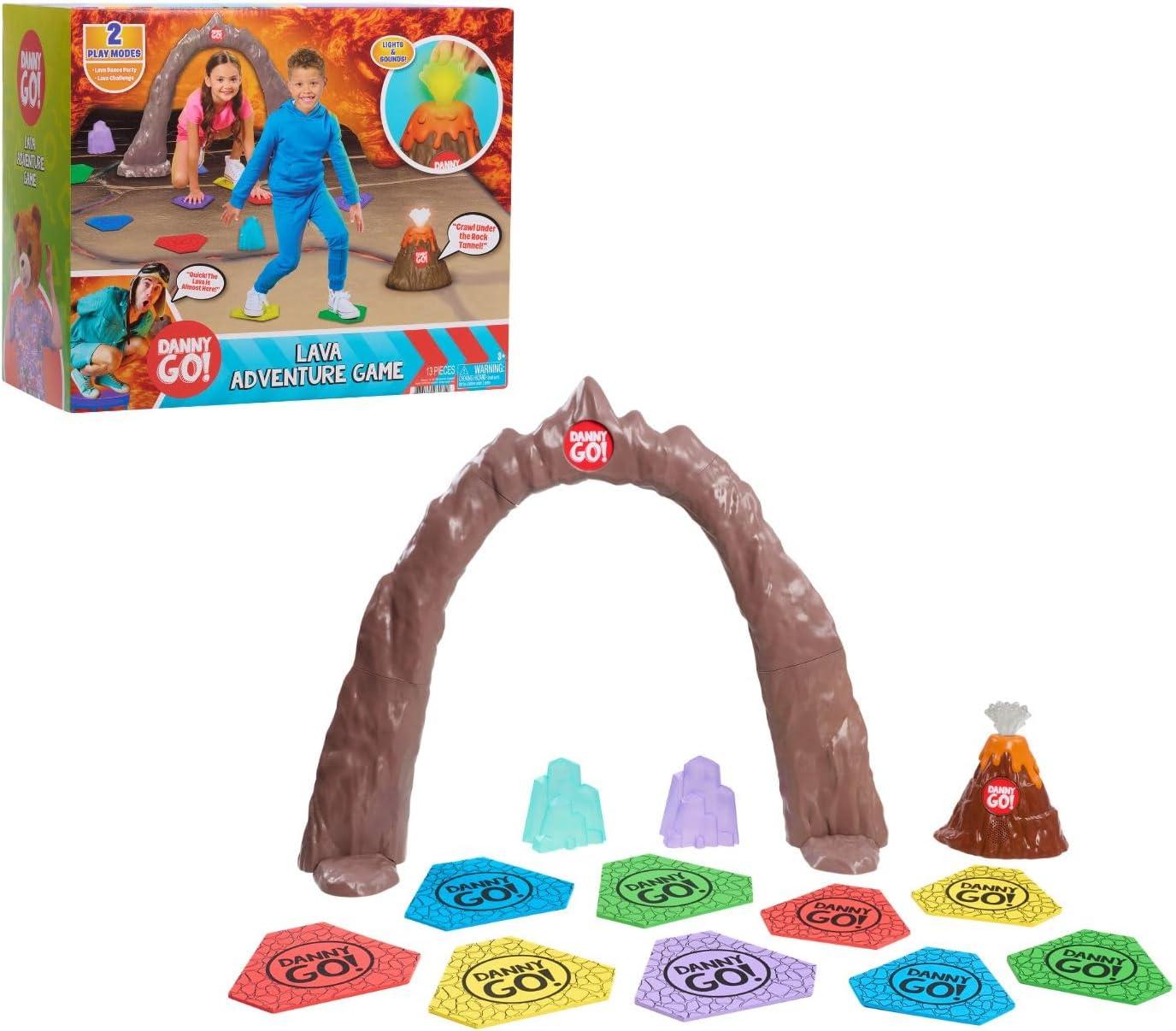 Danny Go! Lava Adventure Game laid out on a floor, showing the light-up volcano, nine colorful flat rock pads, a low tunnel, and two small ice gem pieces